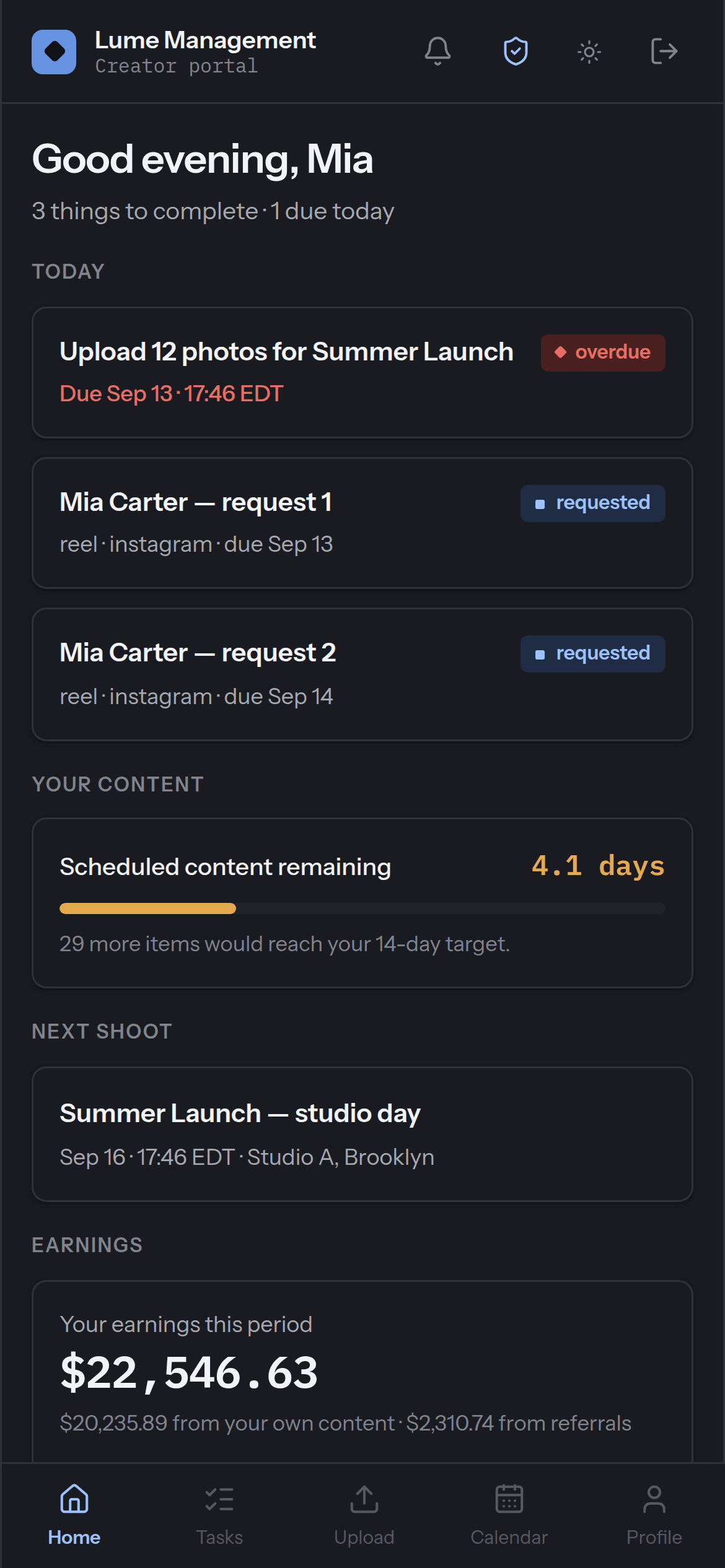 The creator portal on a phone: today's tasks, scheduled content remaining, the next shoot and earnings for the period.